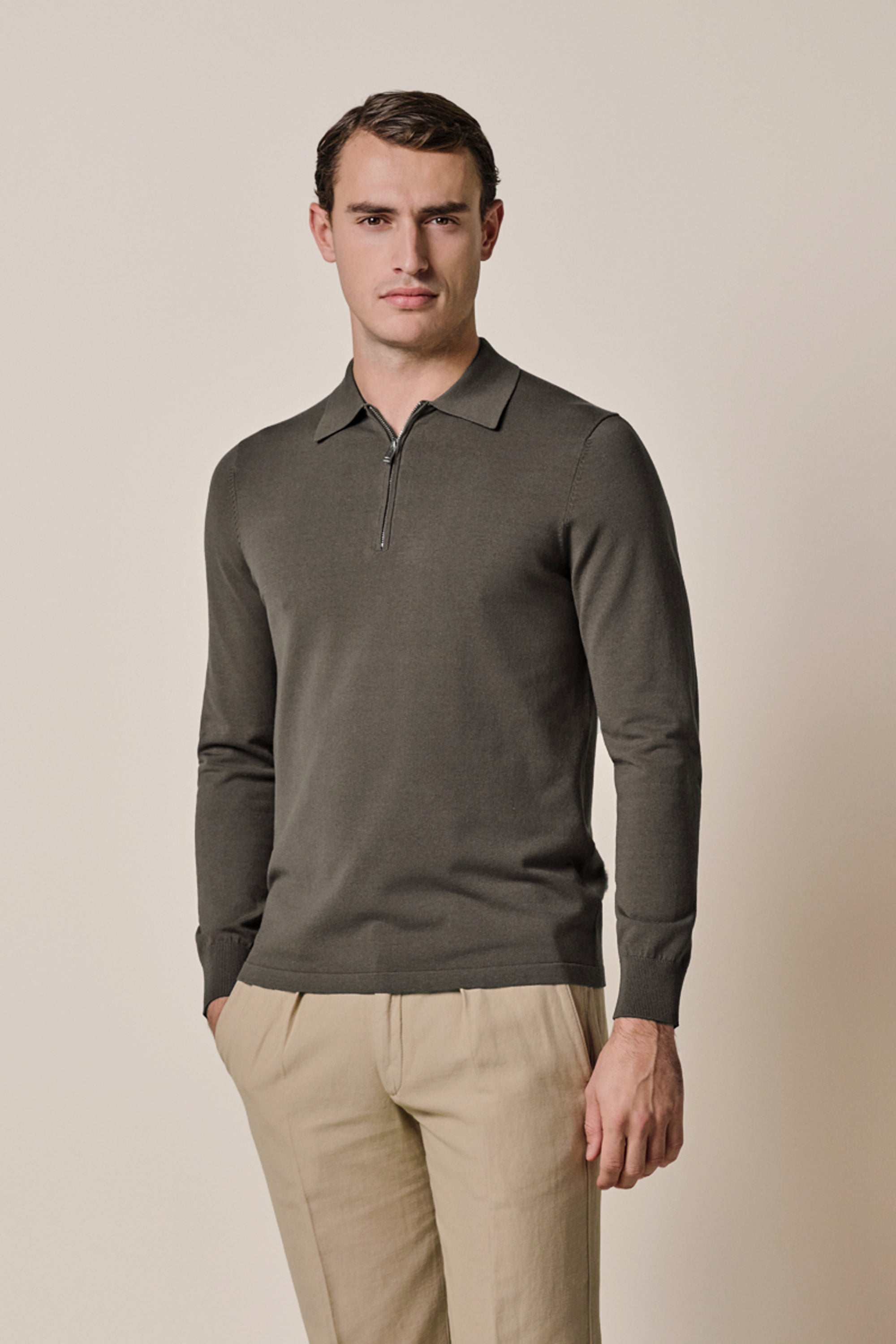 Brown Luxury Basic half zip polo – Profuomo